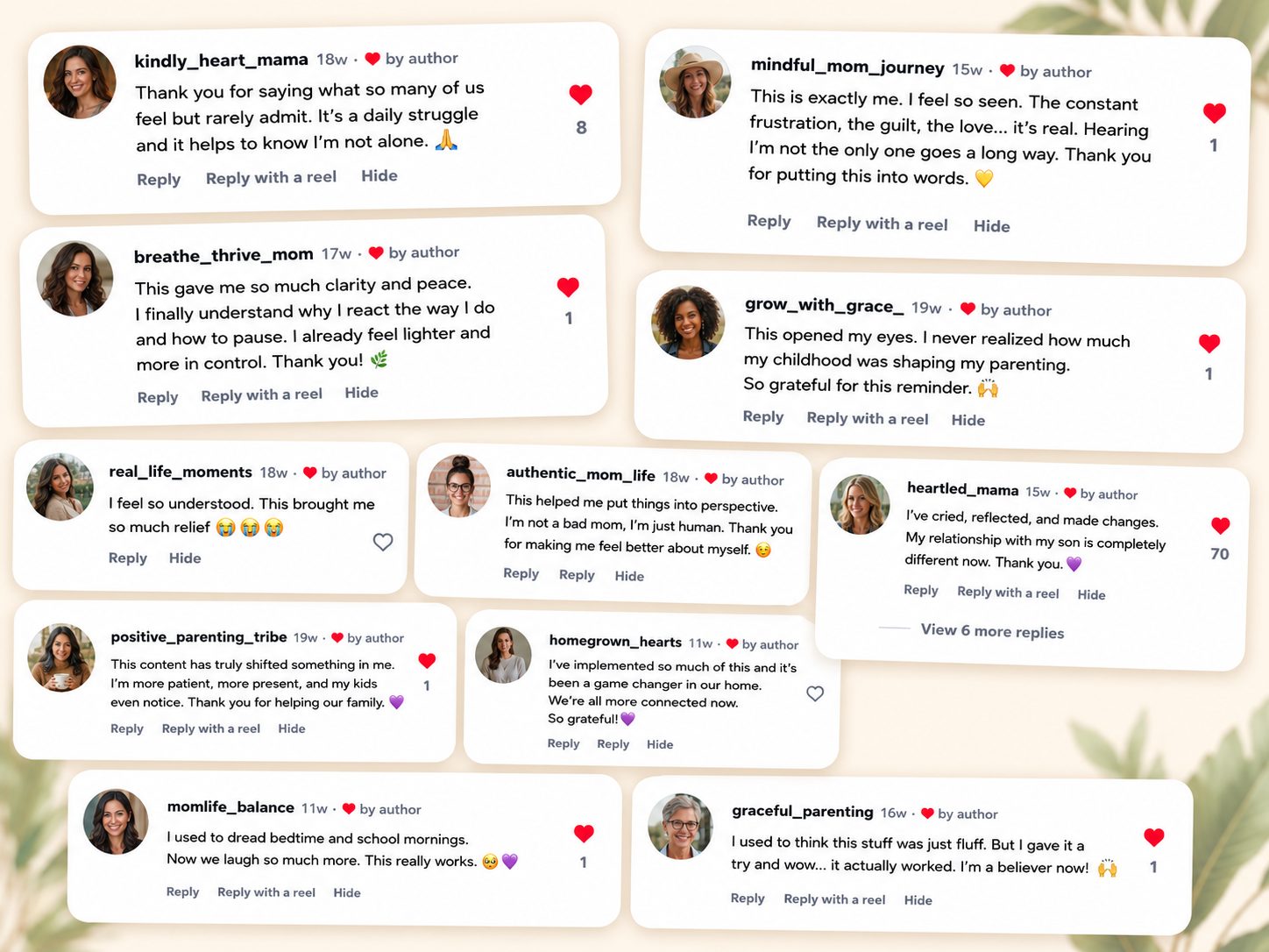 Grid of Instagram comments from parents responding to Catherine's posts