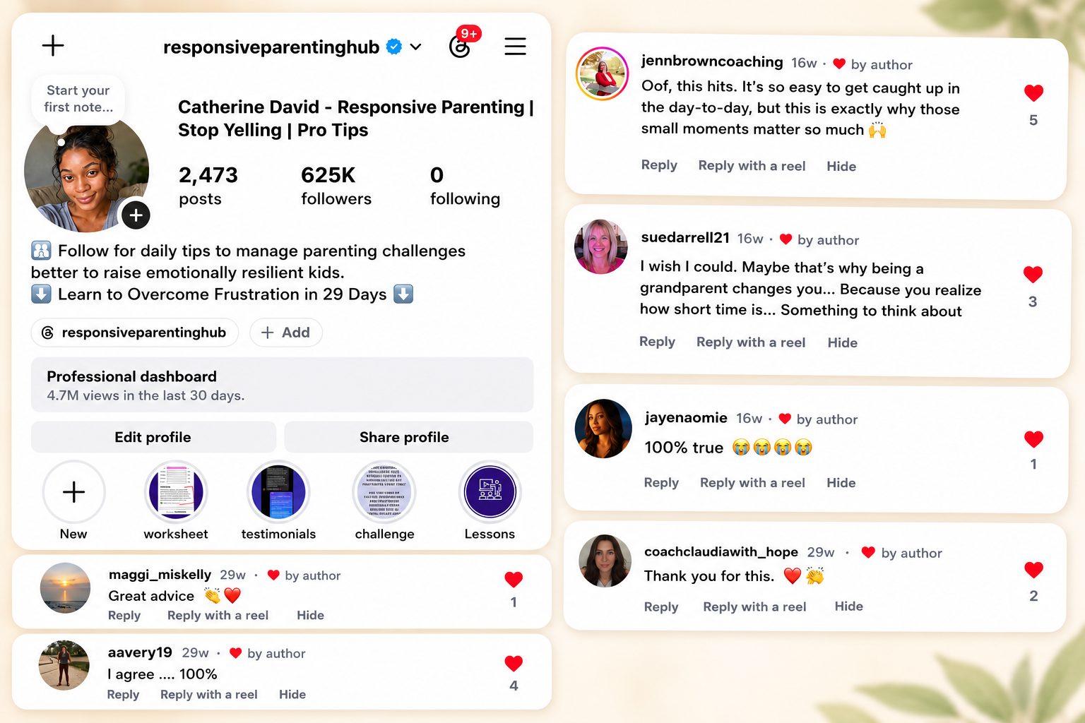 Responsive Parenting Hub Instagram profile with 625K followers and reader comments