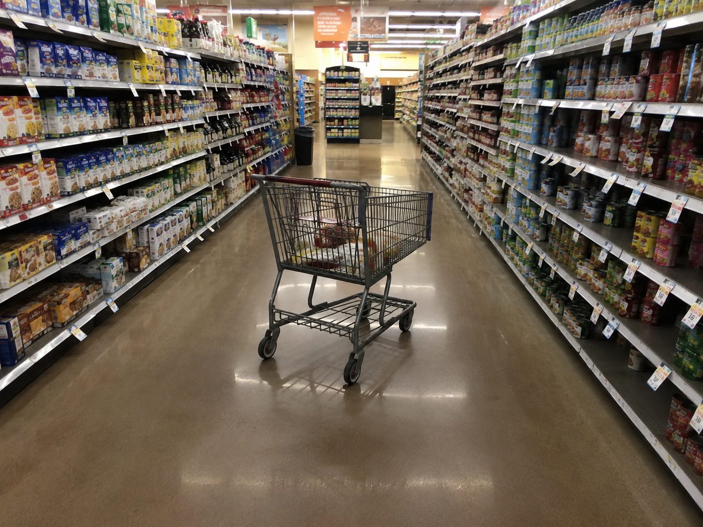 An empty grocery cart in a quiet supermarket aisle