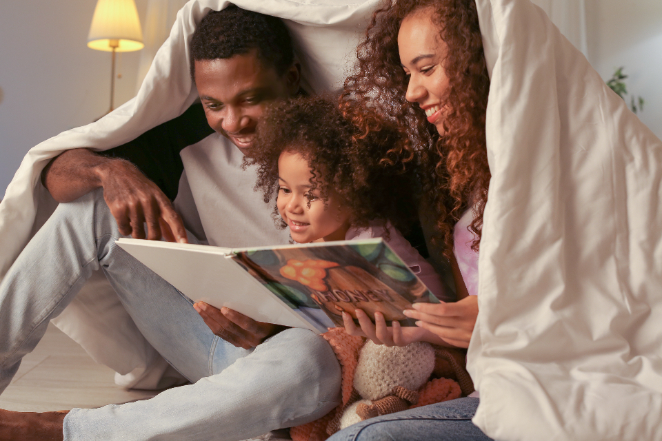 Pin graphic: family reading together, close and connected